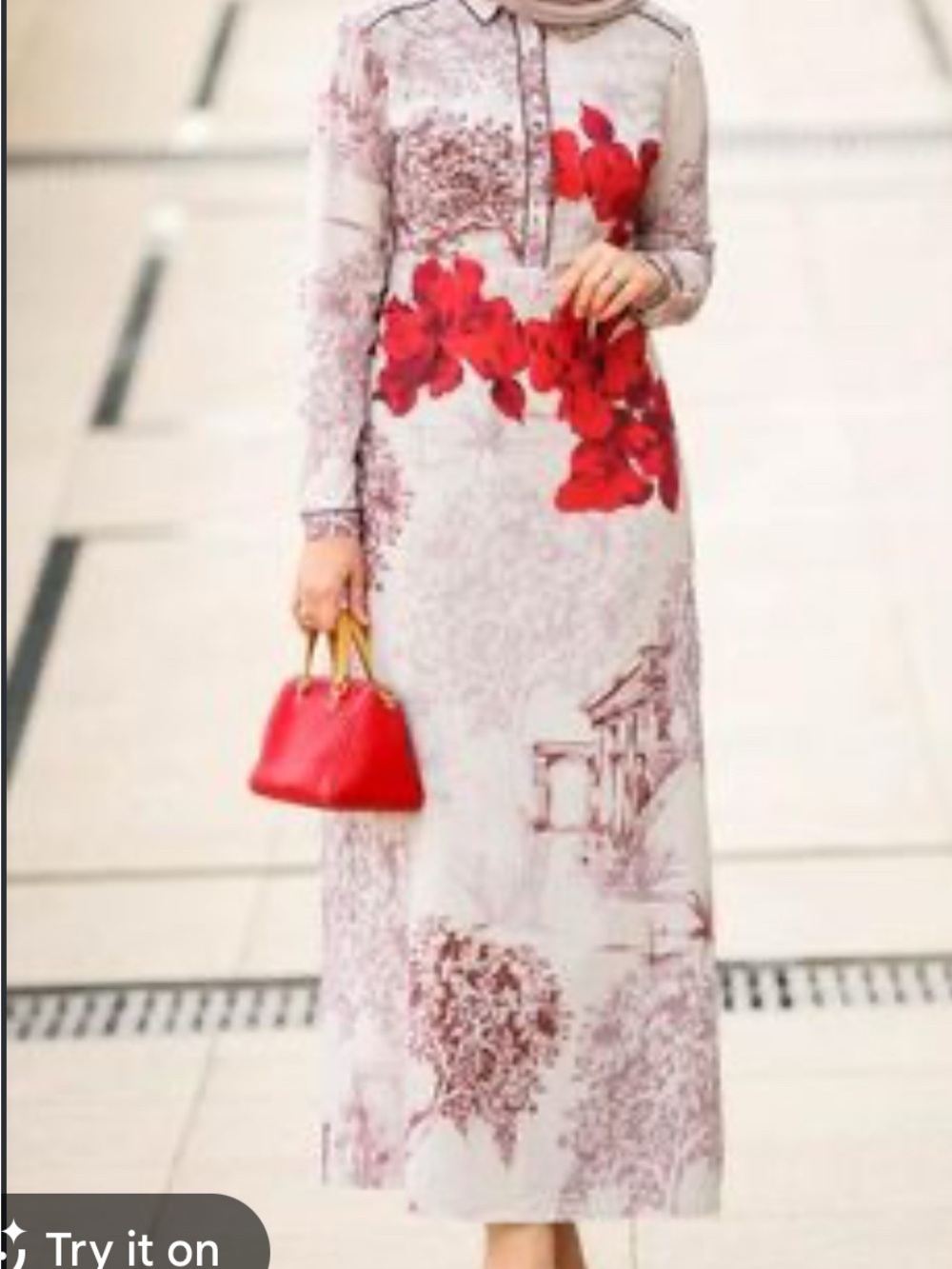 Long Sleeve Floral Maxi Dress in Red and Cream